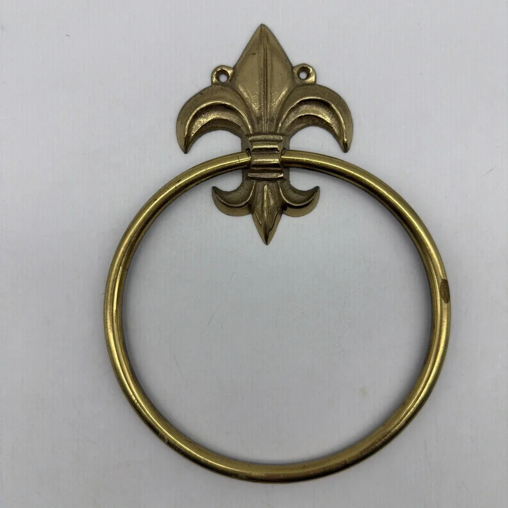 3- Brass fleur de lis Towel Holder Ring Wall Mounted Vtg